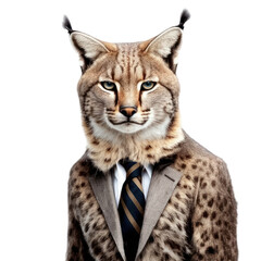Portrait of a Bobcat dressed in a formal business suit on white background, transparent png, generative ai