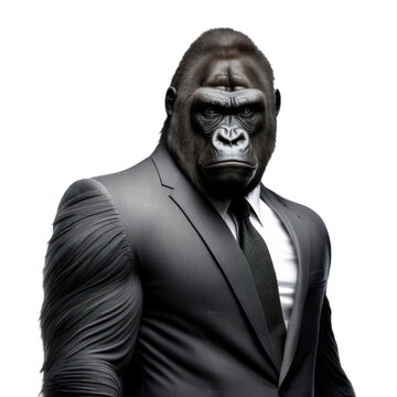 Portrait of a gorilla dressed in a formal business suit on white background, transparent png, generative ai