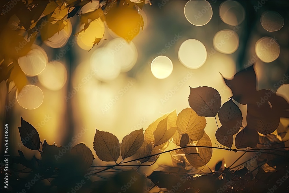 Poster october park scene with blurred leaves as a backdrop, bokeh effect. generative ai