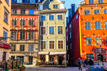 Old colorful houses on Stortorget square in Stockholm, Sweden - obrazy, fototapety, plakaty