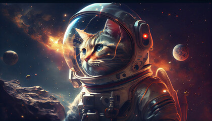 Obraz na płótnie Canvas Gato astronauta, dentro de un traje espacial , contemplando un universo nuevo descubierto lleno de estrellas , nebulosas y planetas. Generado con IA