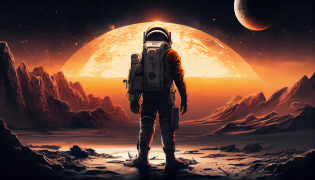 Astronautas pisando otros planetas ,concepto de exploradores espaciales descubriendo mundos nuevos, generado con IA