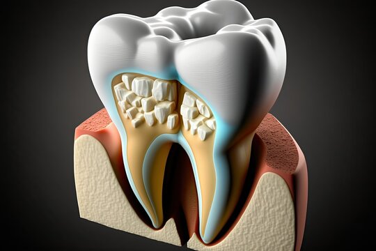 Image of a human tooth with a filling being restored. Aesthetic dentistry is the practice of improving a person's smile. Generative AI