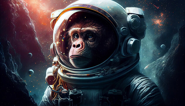 Chimpanc&eacute; o simio con traje de astronauta en un entorno de un planeta en un espacio descocido , un nuevo universo.