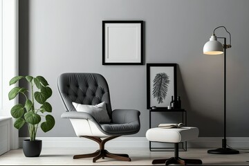 Interior design for a contemporary Scandinavian living room or home office. Flat lay, copy space, studio photo, mockup; retro gray recliner with white pillow and lamp on wooden floor against a light w