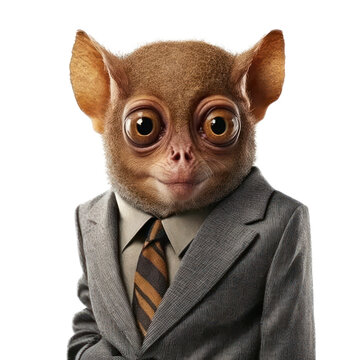 Portrait of a tarsier dressed in a formal business suit on white background, transparent png, generative ai