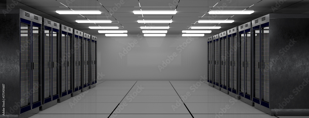 Poster server room. server data center. backup, mining, hosting, mainframe, farm and computer rack with sto
