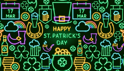 Saint Patrick Day Neon Banner. Vector Illustration of Green 17 March Holiday Glowing Led Electric Light.