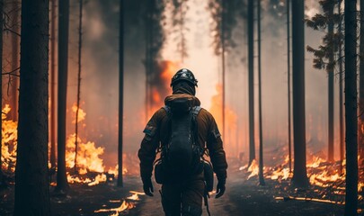 Firefighters in the middle of a forest engulfed in fire flames. Generative ai.