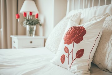 White cushion and Red rose flower on bed decoration in bedroom interior Vintage Light Filter. Generative AI