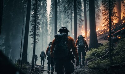 Firefighters in the middle of a forest engulfed in fire flames. Generative ai.