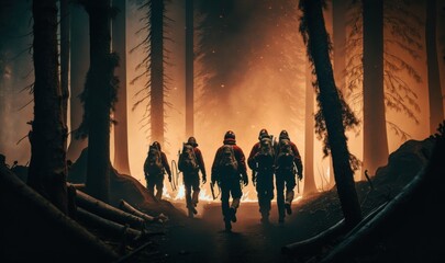 Firefighters in the middle of a forest engulfed in fire flames. Generative ai.
