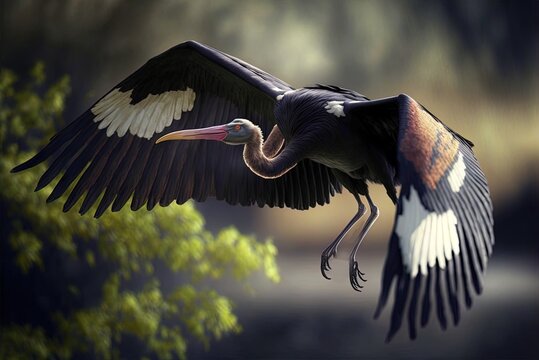 Wild black storks let free in a park Generative AI