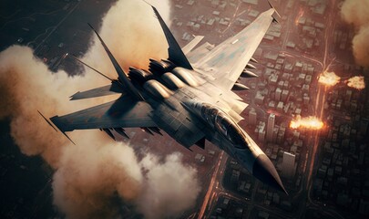 Fighter plane flying over the city at war. Generative ai.