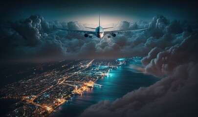 Naklejka premium Commercial airplane flying between clouds and above the city. Storm. Generative ai.