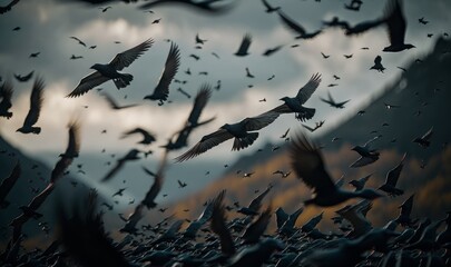 Flock of thousands of black crows. Generative ai.