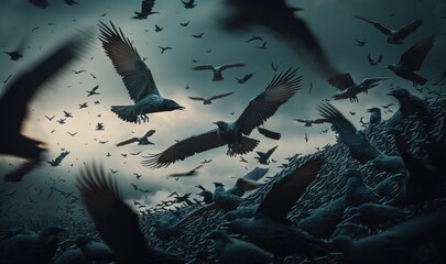 Flock of thousands of black crows. Generative ai.