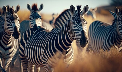 Herd of beautiful zebras in the sunny savannah of Africa. Generative ai.
