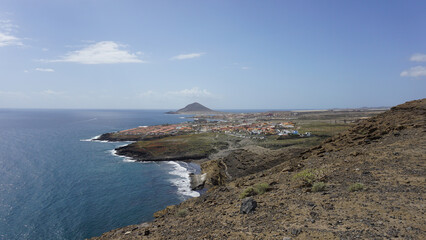 The panoramic view of El Medano and Ensenada Pelada village in the South of Tenerife, Canary Islands, Spain 
