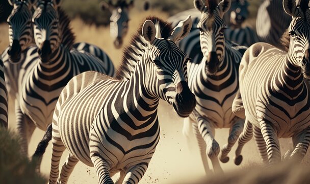 Herd of beautiful zebras in the sunny savannah of Africa. Generative ai.