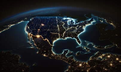 Globe of the world from the galaxy. Night landscape. America. Planet Earth. Map. Generative ai.