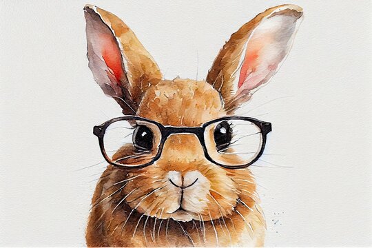 Portrait little cute rabbit in sunglasses in watercolor. Easter bunney, kids room decor, your wall stickers, pictures. Background, wallpaper. Generative AI