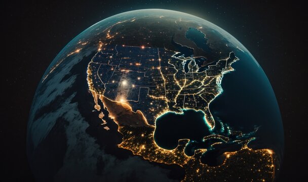 Globe of the world from the galaxy. Night landscape. America. Planet Earth. Map. Generative ai.