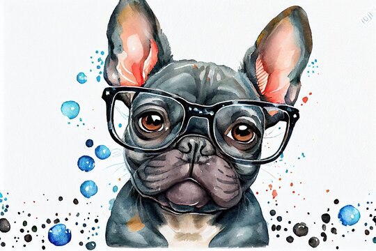 Portrait of a small black French bulldog in glasses, picture of a bulldog in the children's room, wall stickers, photo. Background, wallpaper. Generative AI