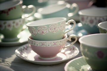 Tea Party in the Afternoon, with Pretty Pastel Tea Cups Lined Up. Generative AI