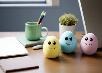 Colorful Easter eggs on the office table, Generative AI.