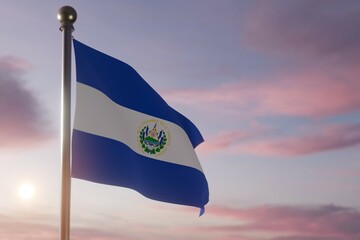 Flag at Sunrise or Sunset in the wind  - El Salvador