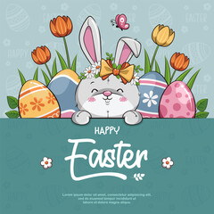 Greeting Card Happy Easter With Cute Rabbit And Eggs. Cartoon Illustration