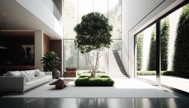 beautiful modern minimalistic interior design with large windows and modern furniture, generative AI