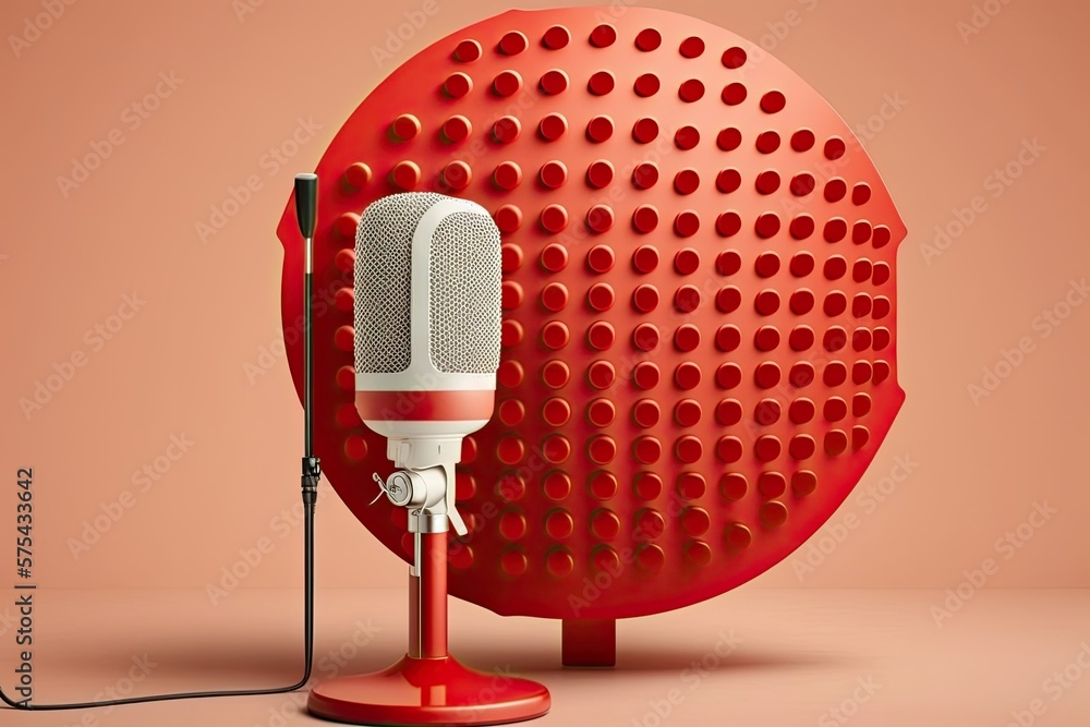 Poster concept for podcast or presentation background featuring studio microphone and pop shield on mic sta