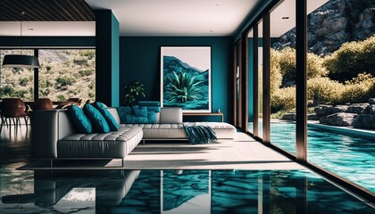beautiful modern minimalistic interior design with large windows and modern furniture, generative AI