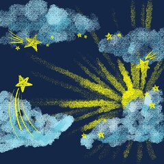 background with flag. sunny weather. sun, stars, clouds