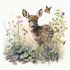 A charming watercolor painting of a playful baby deer standing among a forest of branches and wildflowers Generative by Ai