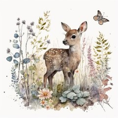 A charming watercolor painting of a playful baby deer standing among a forest of branches and wildflowers Generative by Ai