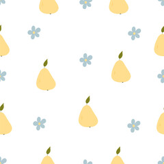 Cute yellow pear seamless pattern in doodle style. Vector hand drawn cartoon. Pear illustration. Hand drawn sketch of pear. Pattern for kids clothes.