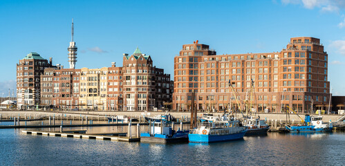 Cityscape of Lelystad, view of marina and modern apartment buildings
