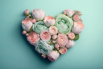 Gorgeous pink roses arranged in a heart shape, set against a pastel blue background. Concepts for St. Valentine's Day, Easter, weddings, and Mother's Day with a minimum of unnecessary elements. Artist