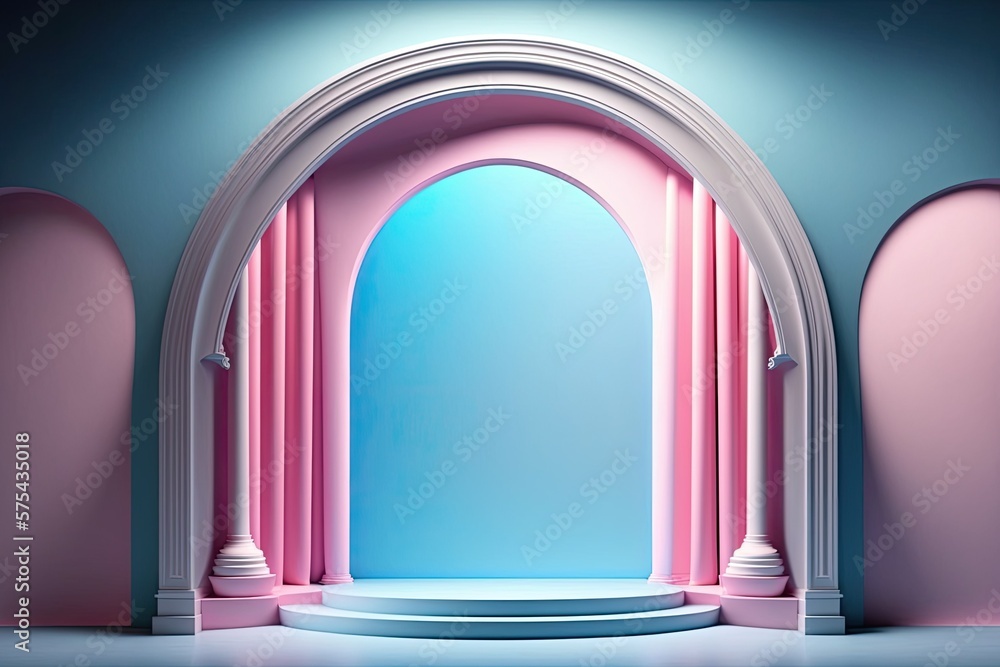 Poster the pink pastel spotlight arches on the stage of an empty theater serve as a festive backdrop for a 