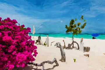 Foto op Canvas Oil texture paint of a bouganvillea with splashes of colors in Madrisky beach (Los Roques Archipelago, Venezuela). © Giongi63