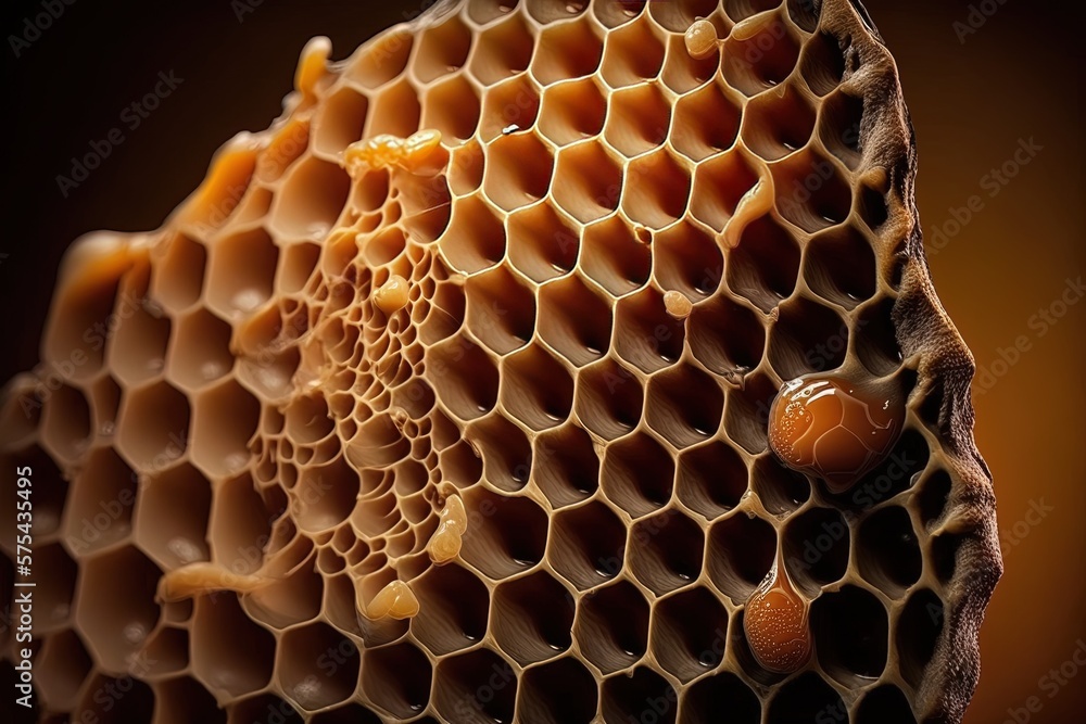 Poster image of honeycomb from a beehive, with a macro focus on the honey. generative ai
