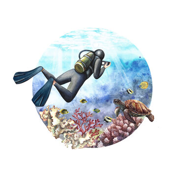 recommend clip art: The diver swims underwater at the bottom of the sea. Underwater travel. Watercolor hand drawn. Concept for label, magnet