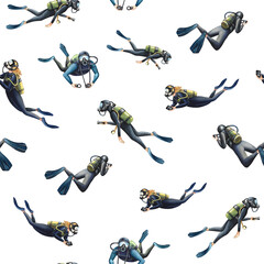 Seamless pattern with divers. Underwater travel. Watercolor hand drawn. The concept of labels, packaging, textiles.