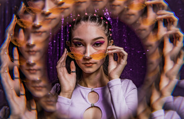 euphoria inspired editorial photo shoot glitter background purple black model caucasian hispanic...