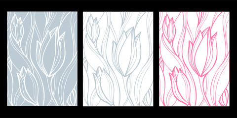 Set of backgrounds of delicate tulips from lines for fabric, print, cover, textile, picture on the wall