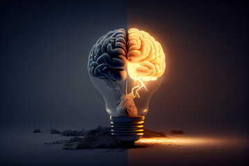 Brain and light bulb - concept of creativity. generative AI