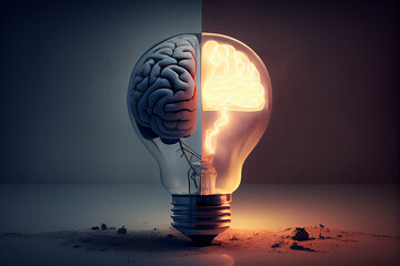 Brain and light bulb - concept of creativity. generative AI
